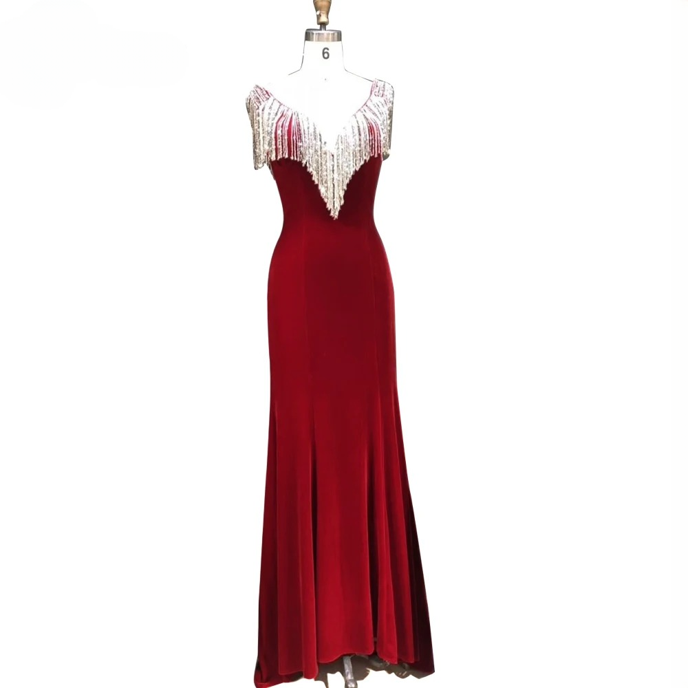 Elegant Tassels Velvet V-Neck Mermaid Evening Party Dress - Image 6