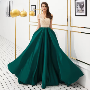 Elegant V Neck Beads Floor-Length Evening Party Dress