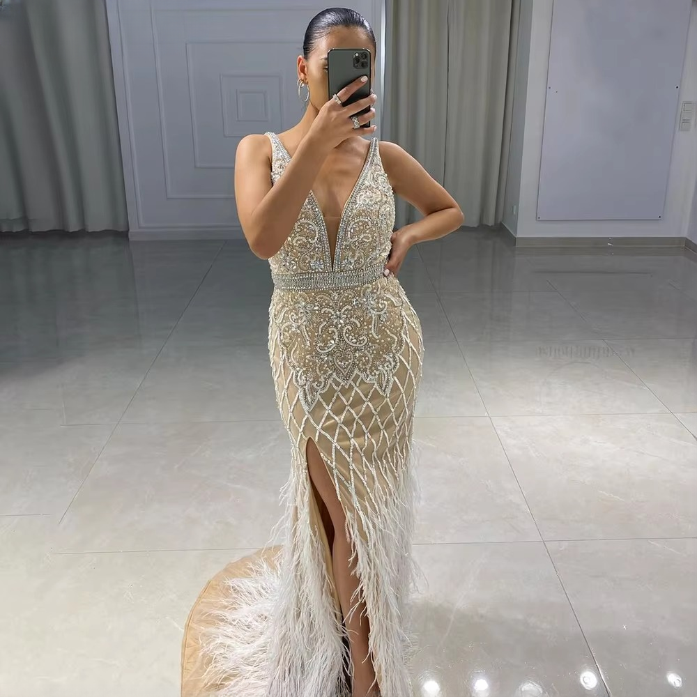 Elegant V-Neck Feather Mermaid Evening Party Dress