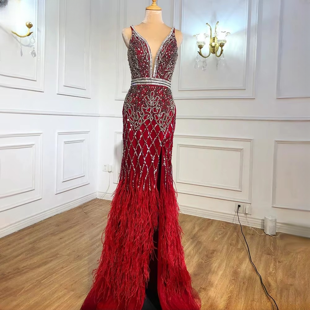 Elegant V-Neck Feather Mermaid Evening Party Dress - Image 14