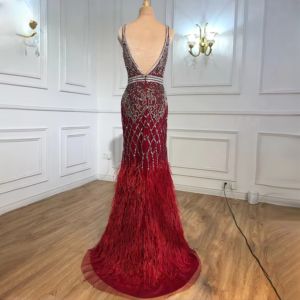Elegant V-Neck Feather Mermaid Evening Party Dress - Image 16