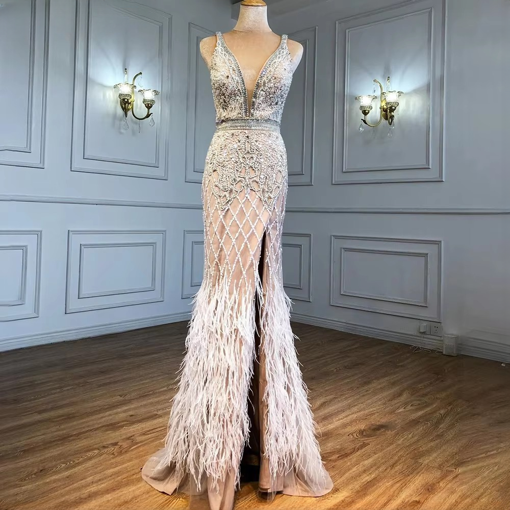 Elegant V-Neck Feather Mermaid Evening Party Dress - Image 6