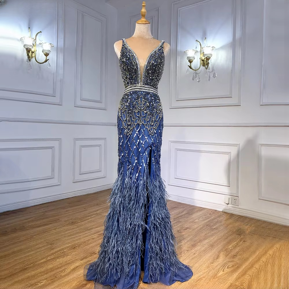 Elegant V-Neck Feather Mermaid Evening Party Dress - Image 10