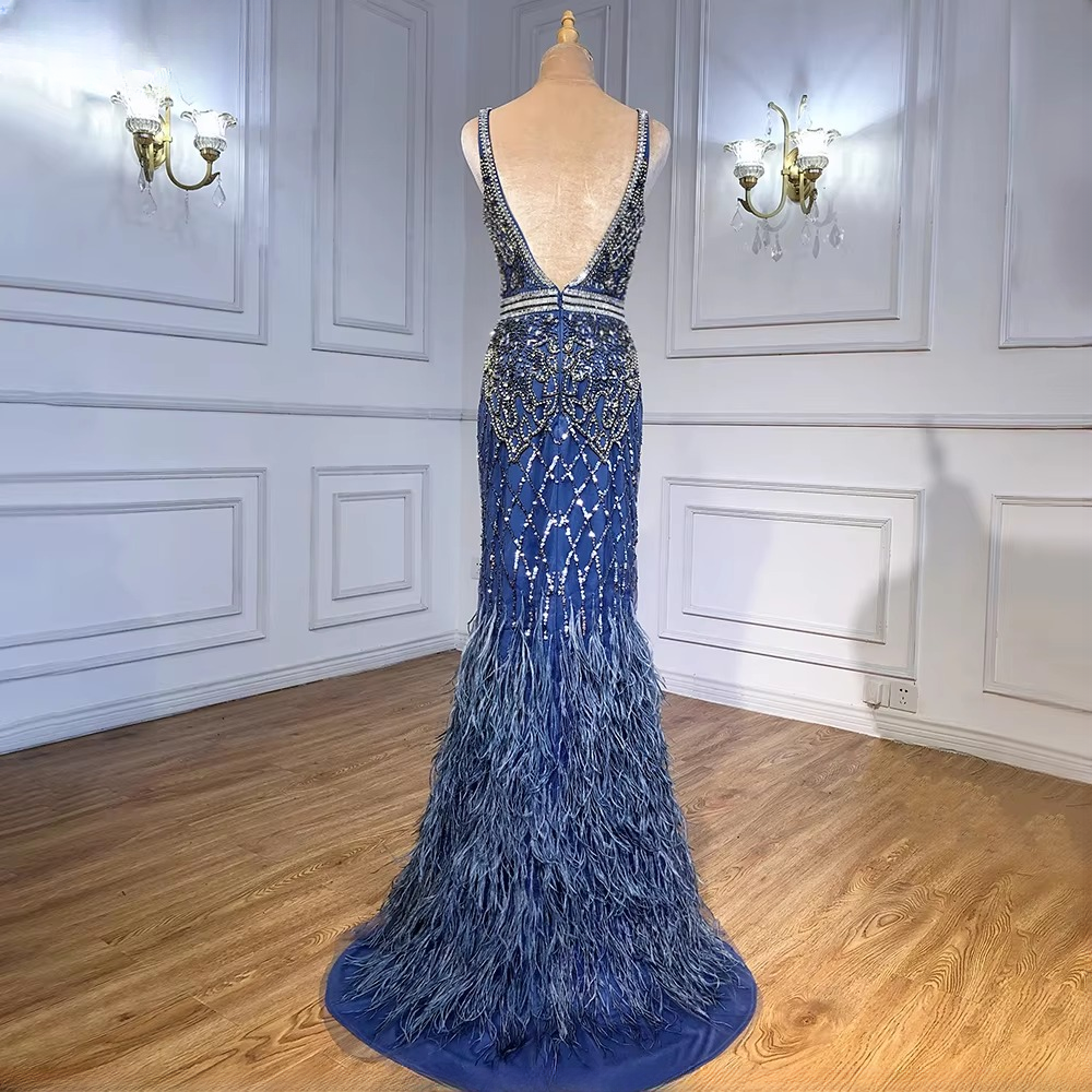 Elegant V-Neck Feather Mermaid Evening Party Dress - Image 13