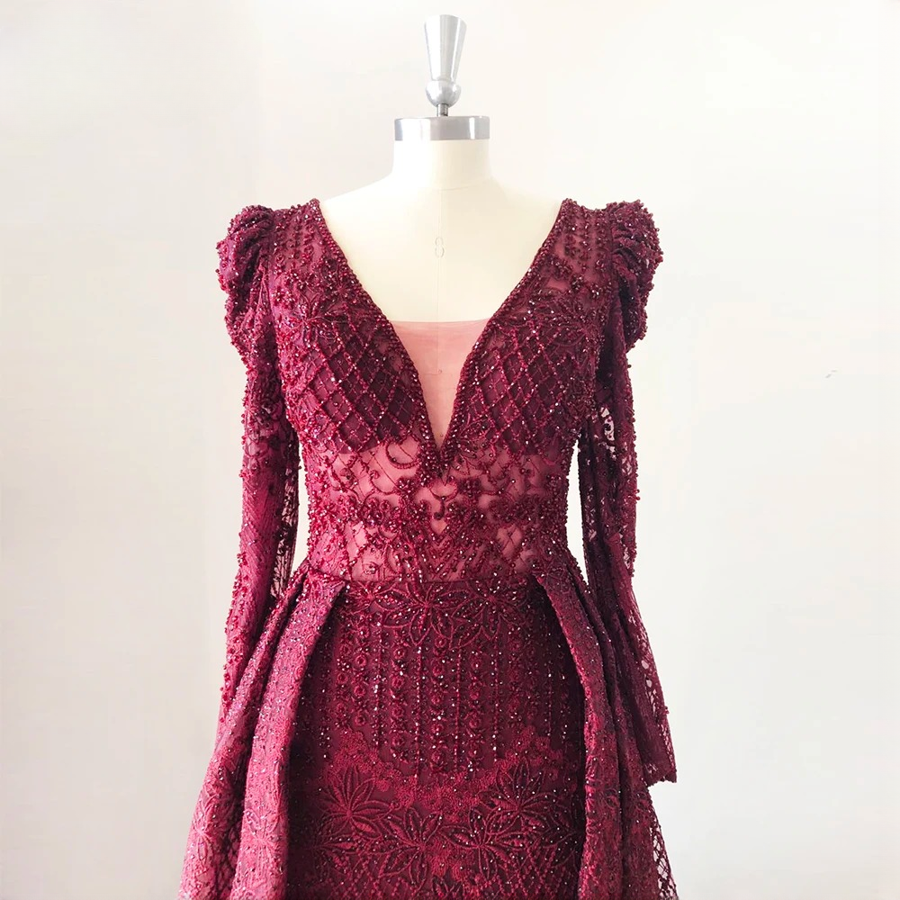 Elegant V-Neck Full Sleeve Lace Mermaid Evening Party Dress - Image 7