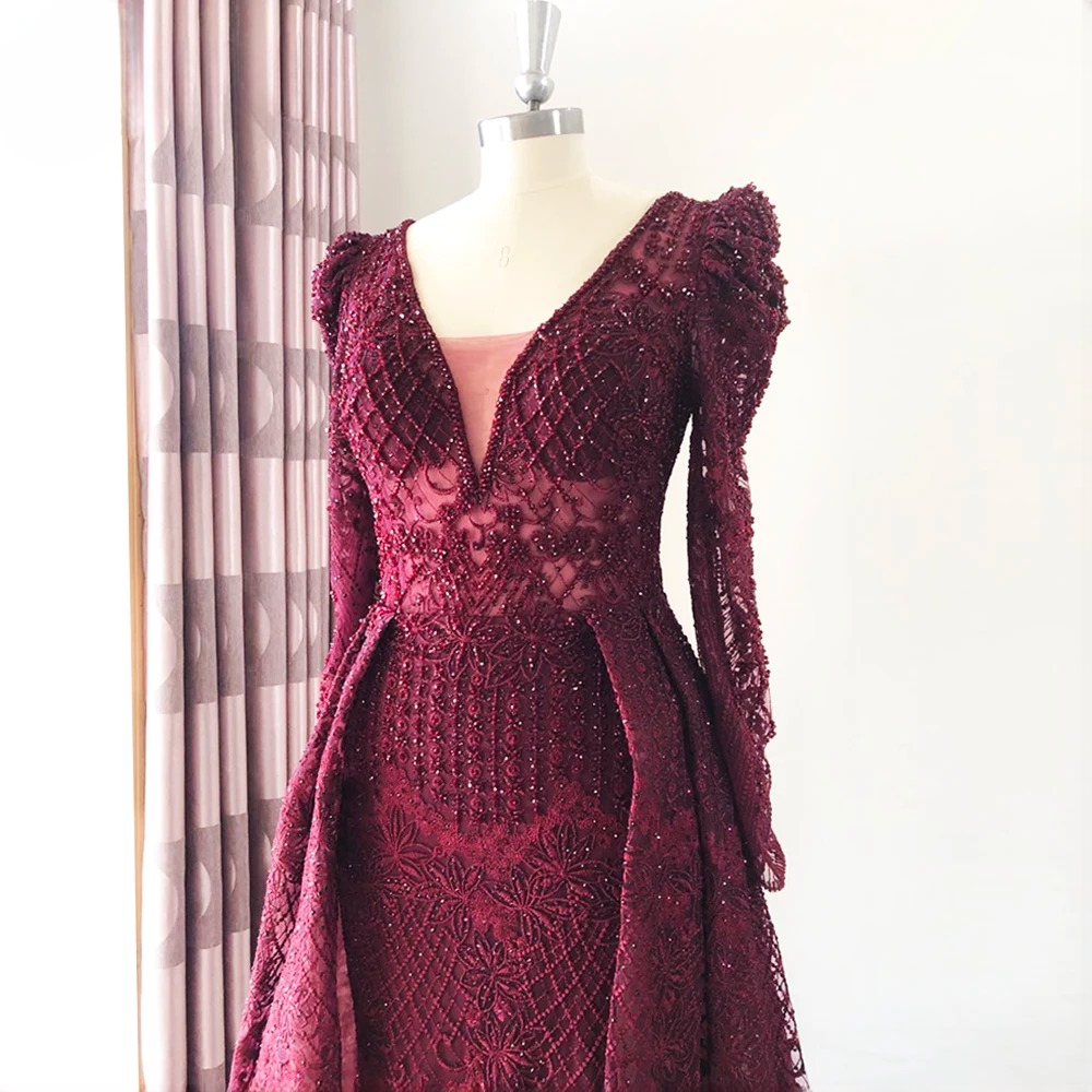 Elegant V-Neck Full Sleeve Lace Mermaid Evening Party Dress - Image 8