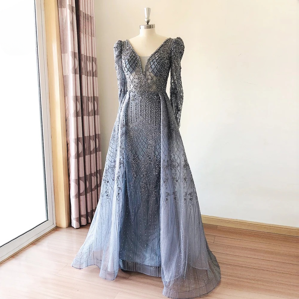 Elegant V-Neck Full Sleeve Lace Mermaid Evening Party Dress - Image 15