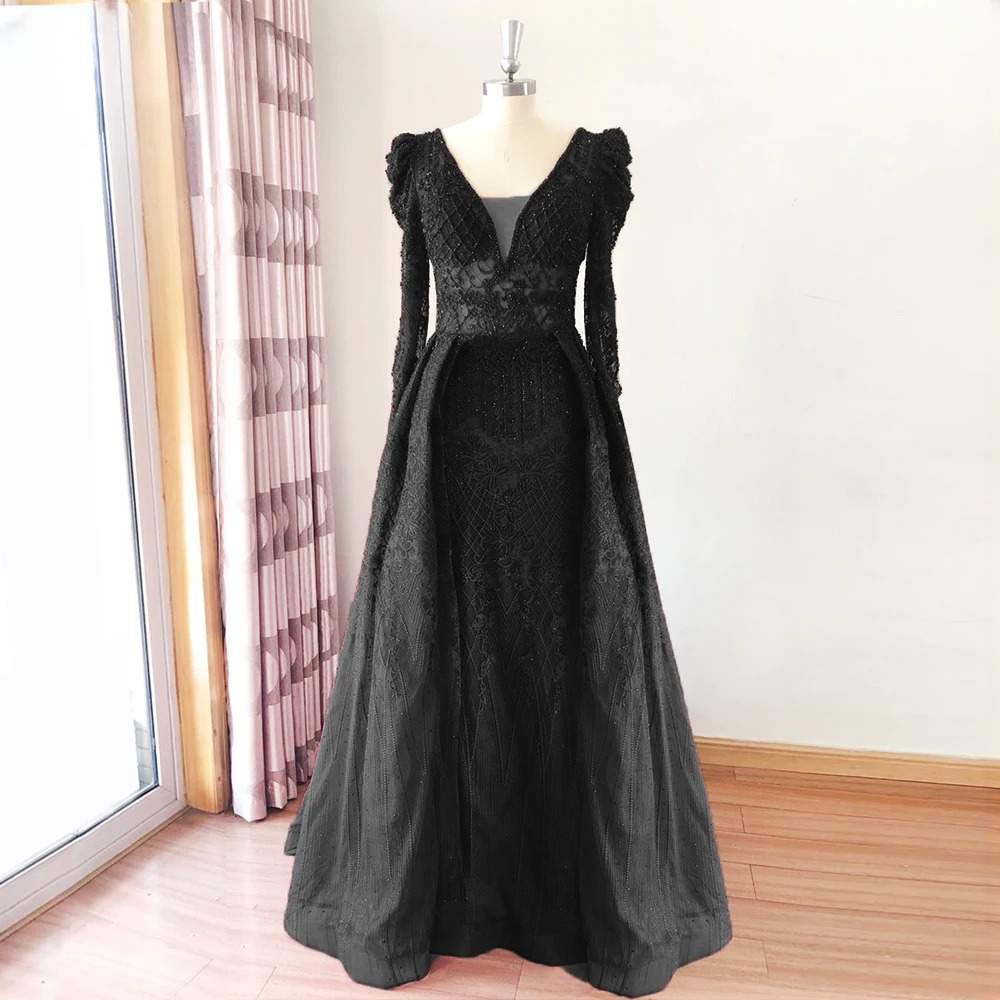 Elegant V-Neck Full Sleeve Lace Mermaid Evening Party Dress - Image 18