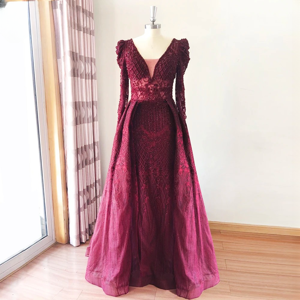 Elegant V-Neck Full Sleeve Lace Mermaid Evening Party Dress - Image 5