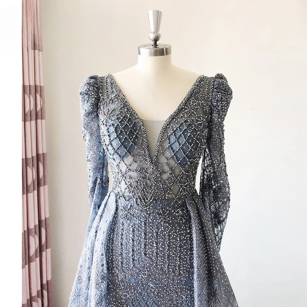 Elegant V-Neck Full Sleeve Lace Mermaid Evening Party Dress - Image 16