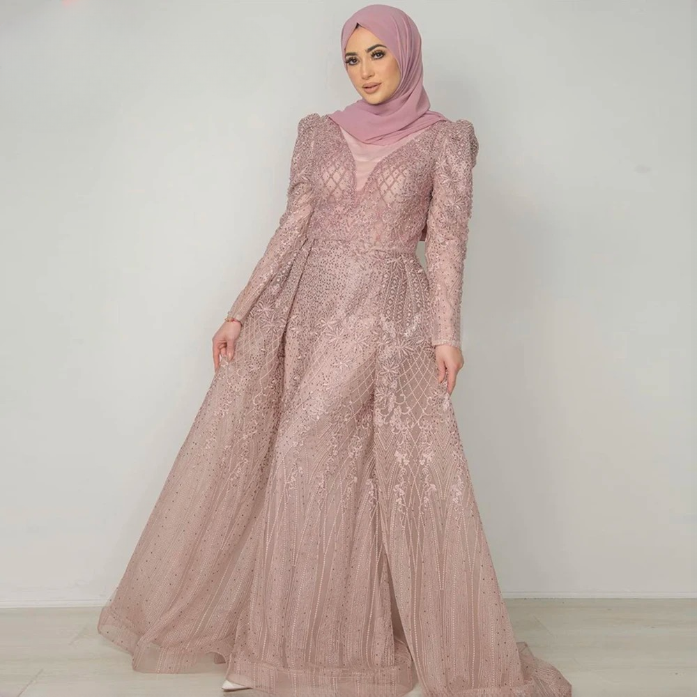 Elegant V-Neck Full Sleeve Lace Mermaid Evening Party Dress - Image 2