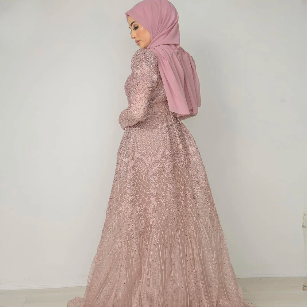 Elegant V-Neck Full Sleeve Lace Mermaid Evening Party Dress - Image 3