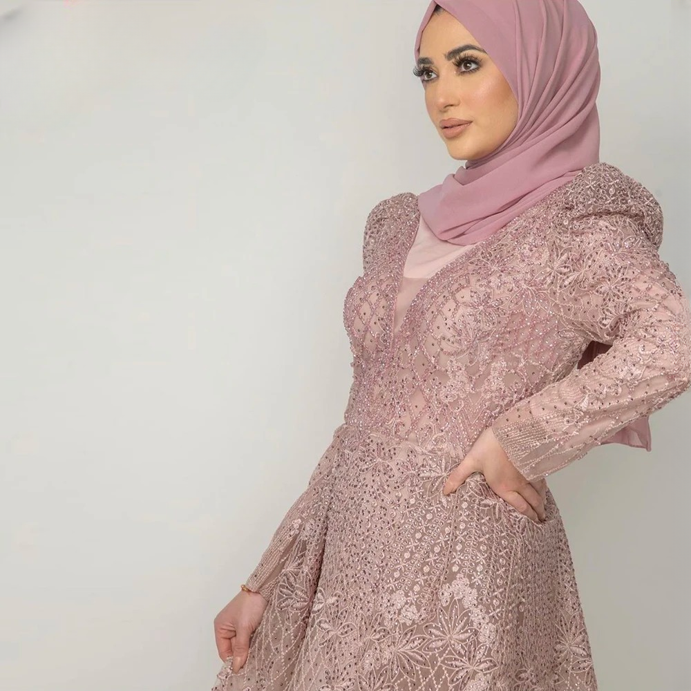 Elegant V-Neck Full Sleeve Lace Mermaid Evening Party Dress - Image 4