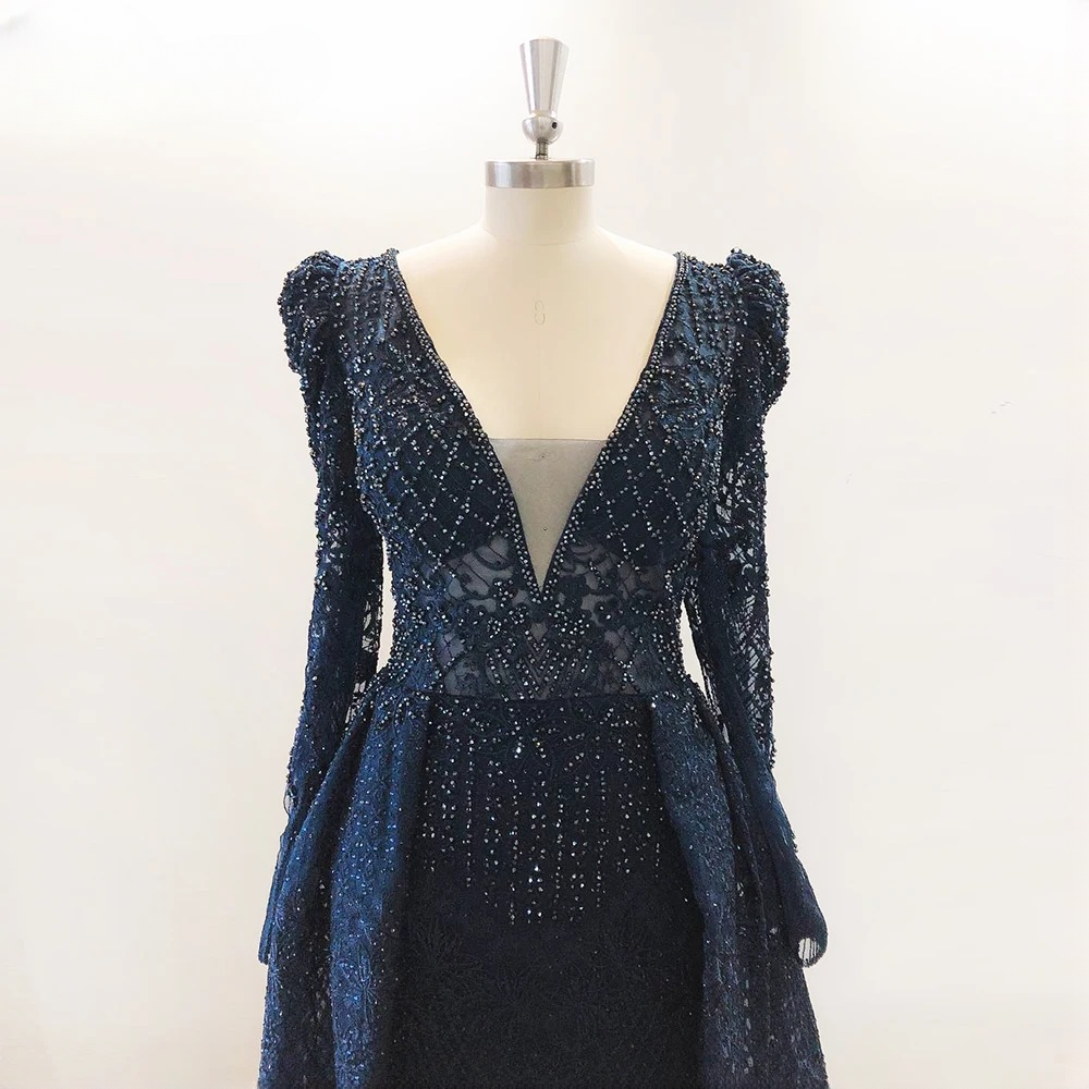 Elegant V-Neck Full Sleeve Lace Mermaid Evening Party Dress - Image 19