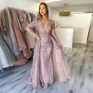 Elegant V-Neck Full Sleeve Lace Mermaid Evening Party Dress