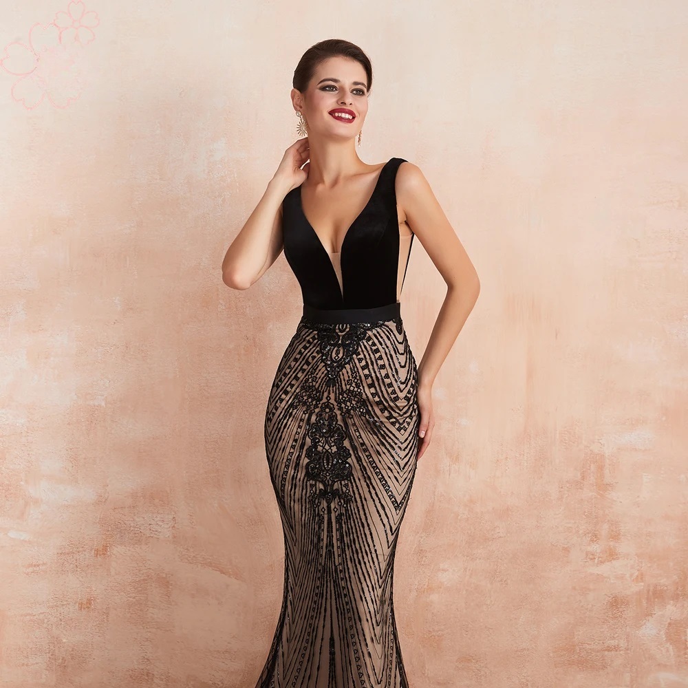 Elegant V Neck Velvet Mermaid Evening Night Prom Dress - Image 3