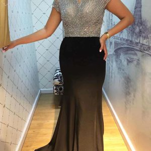 High Neck Short Sleeves Elastic Satin Long Formal Evening Prom Wedding Party Gowns