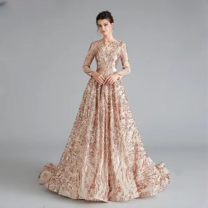 Long Sleeve Evening Sparkly Sequin Formal A Line Backless Prom Dress