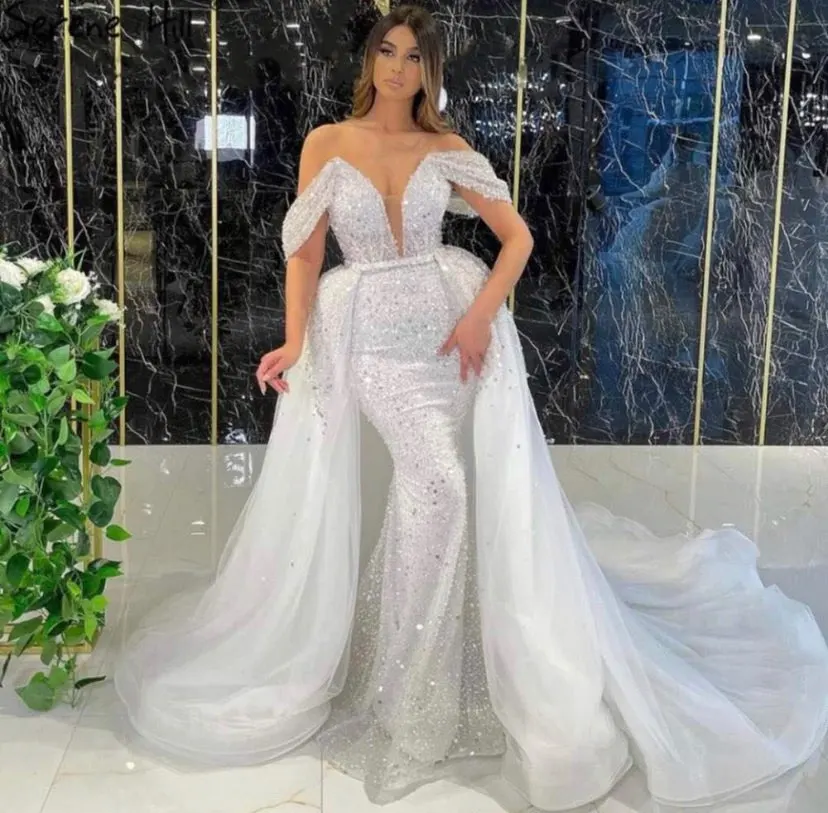 Luxury Off Shoulder Mermaid Sparkly Beads Detachable Train Evening Party Dresses