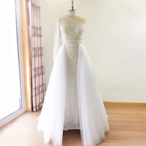 Luxury One Shoulder Lace Mermaid With Detachable Train Birthday Party Dress