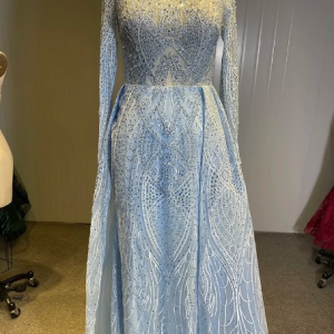 Mermaid Boat Neck Crystal Long Sleeves Full Lace Evening Party Dress