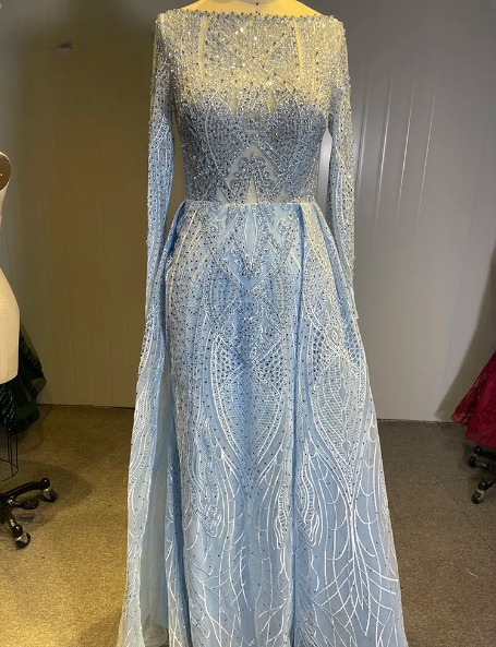 Mermaid Boat Neck Crystal Long Sleeves Full Lace Evening Party Dress