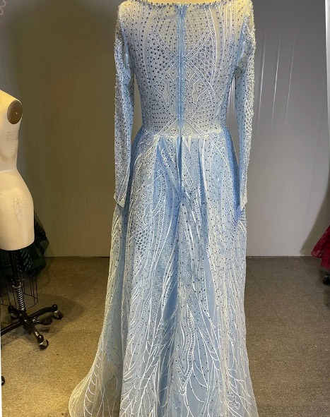 Mermaid Boat Neck Crystal Long Sleeves Full Lace Evening Party Dress - Image 2