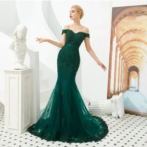 Vintage Mermaid Off Shoulder Lace Appliques Beaded Tulle Backless Long Prom Dresses