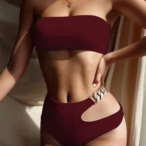 Chain Bandeau Ribbed Bikini Set Push Up Bathing Suit
