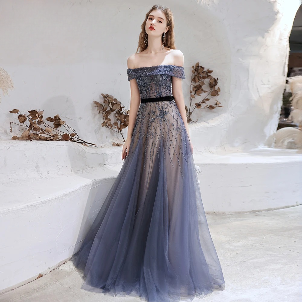 Elegant A-line Off the Shoulder Beads Evening Party Dress - Image 3