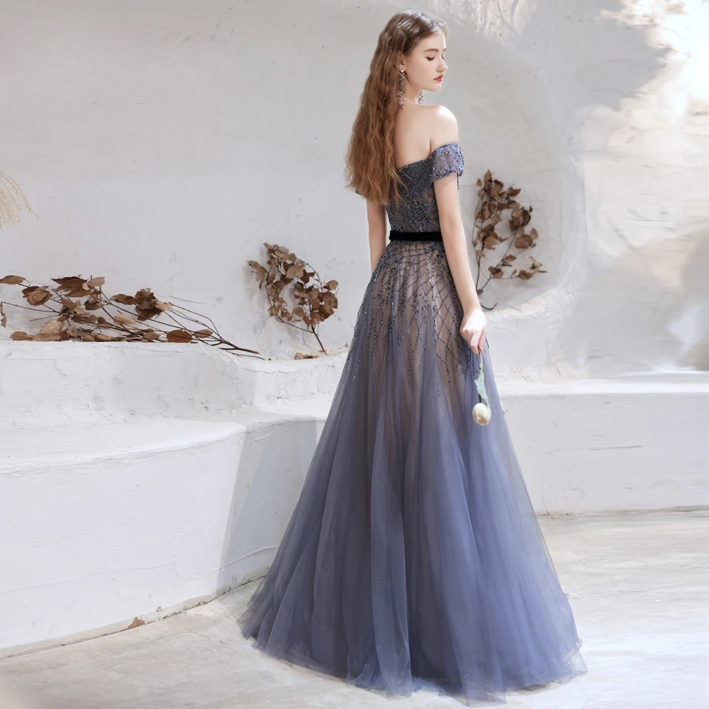 Elegant A-line Off the Shoulder Beads Evening Party Dress - Image 4