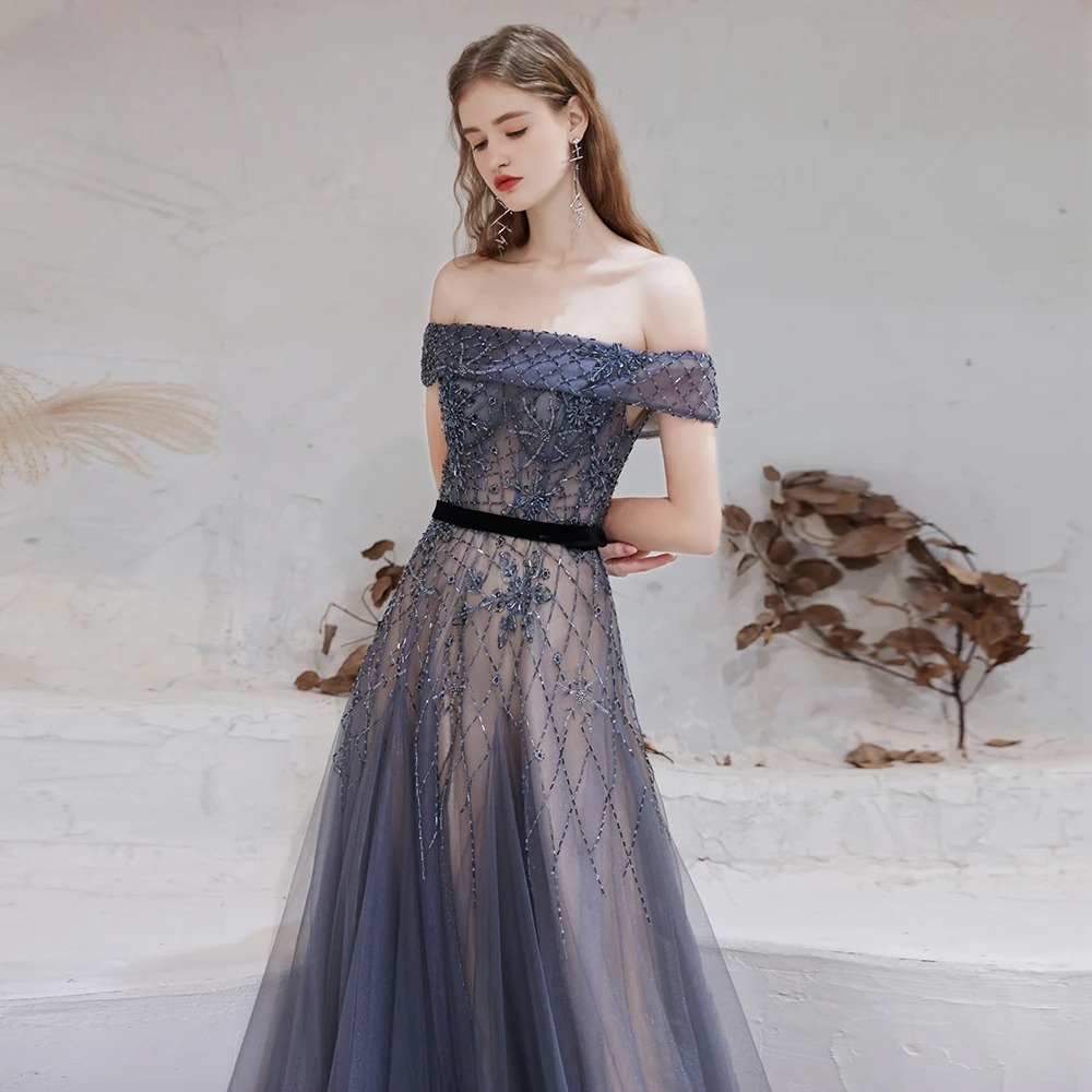 Elegant A-line Off the Shoulder Beads Evening Party Dress - Image 7