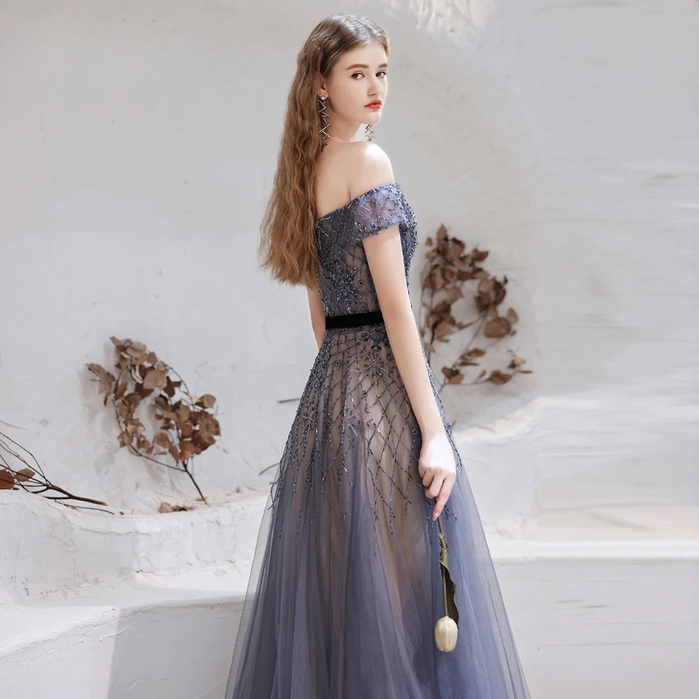 Elegant A-line Off the Shoulder Beads Evening Party Dress - Image 5