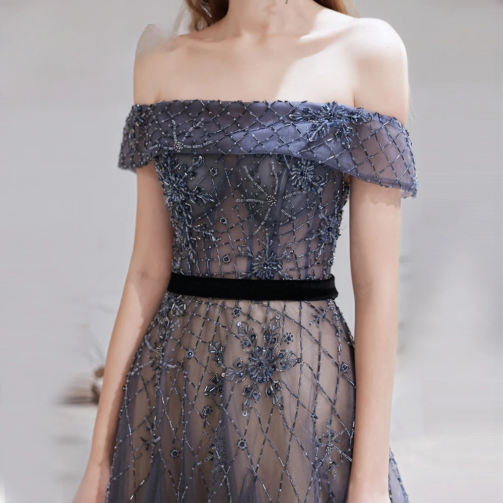 Elegant A-line Off the Shoulder Beads Evening Party Dress - Image 8