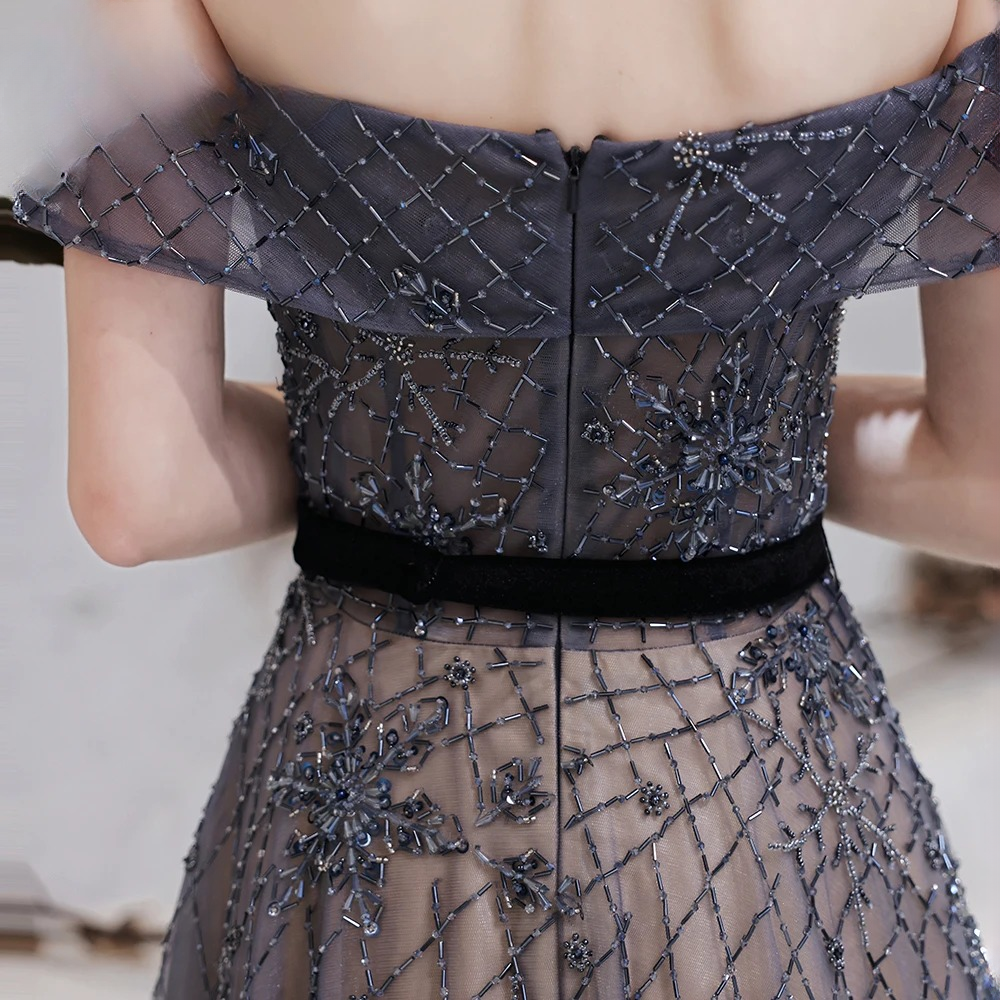 Elegant A-line Off the Shoulder Beads Evening Party Dress - Image 9
