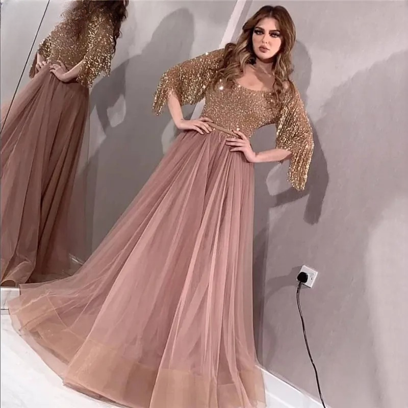 Elegant Aline Half Sleeves Beaded Tassels Evening Party Dress