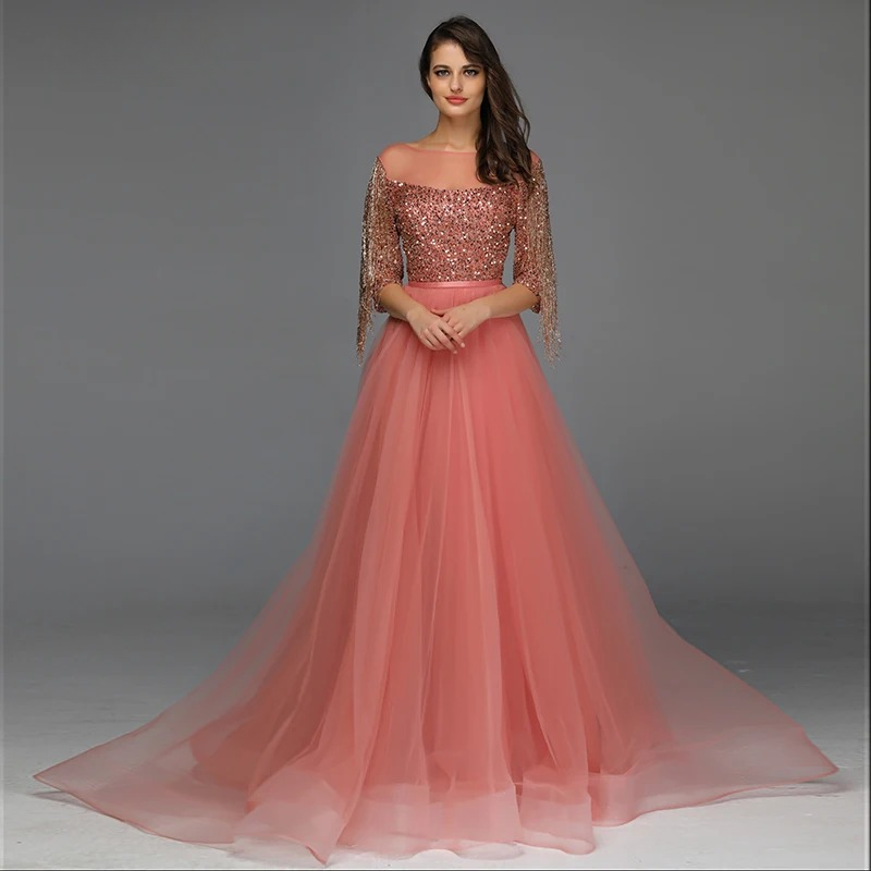 Elegant Aline Half Sleeves Beaded Tassels Evening Party Dress - Image 2