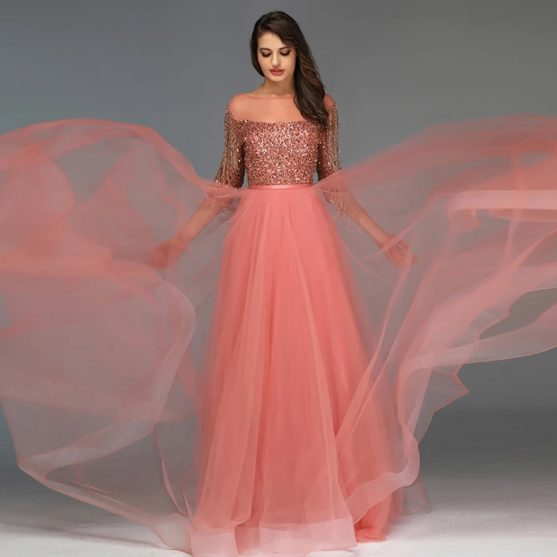 Elegant Aline Half Sleeves Beaded Tassels Evening Party Dress - Image 3