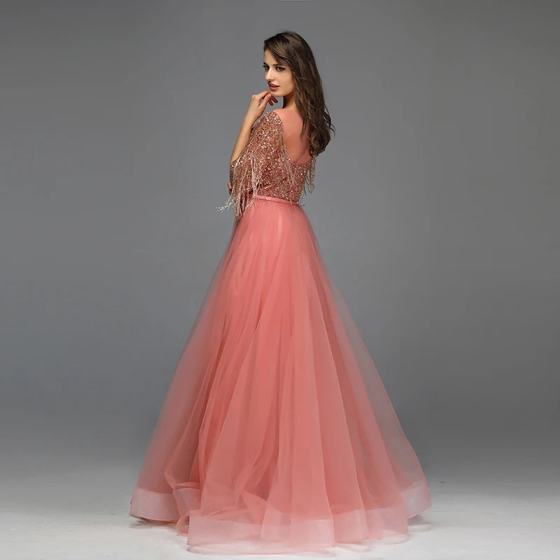 Elegant Aline Half Sleeves Beaded Tassels Evening Party Dress - Image 5