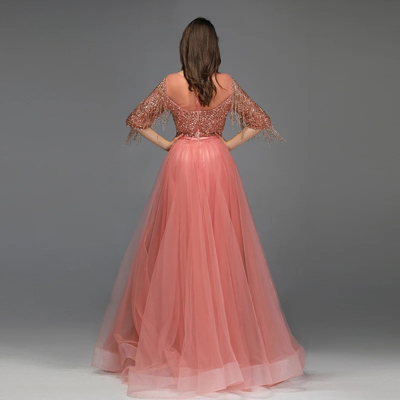 Elegant Aline Half Sleeves Beaded Tassels Evening Party Dress - Image 6