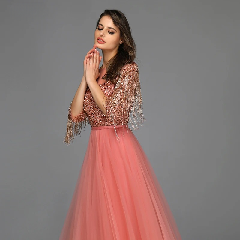 Elegant Aline Half Sleeves Beaded Tassels Evening Party Dress - Image 4