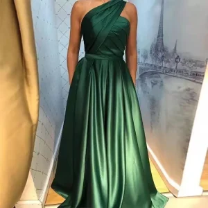 Elegant Aline One Shoulder Satin Side Slit With Pockets Party Prom Maxi Dress