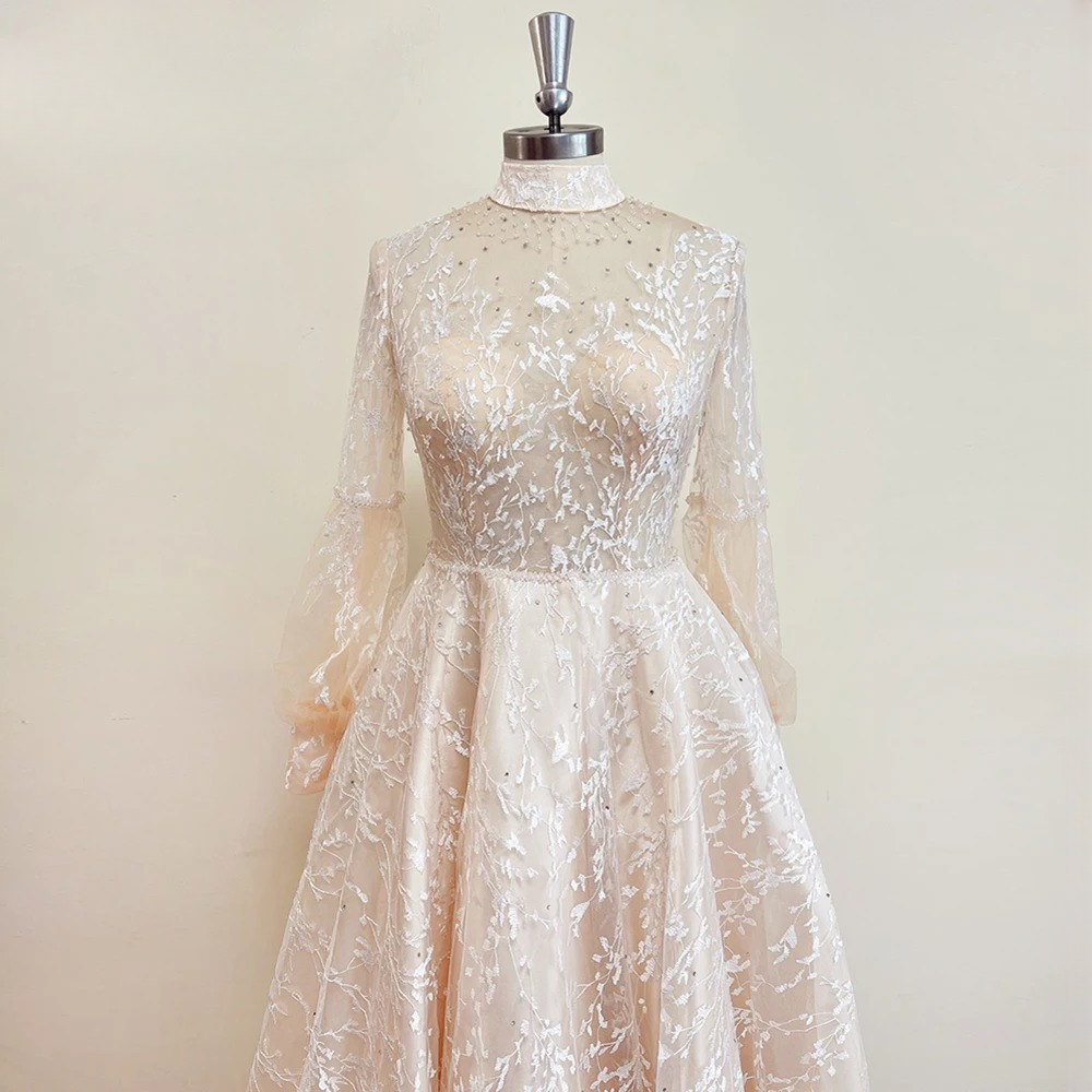Elegant Classic High Neck Crystal Lace Evening Party Dress - Image 4