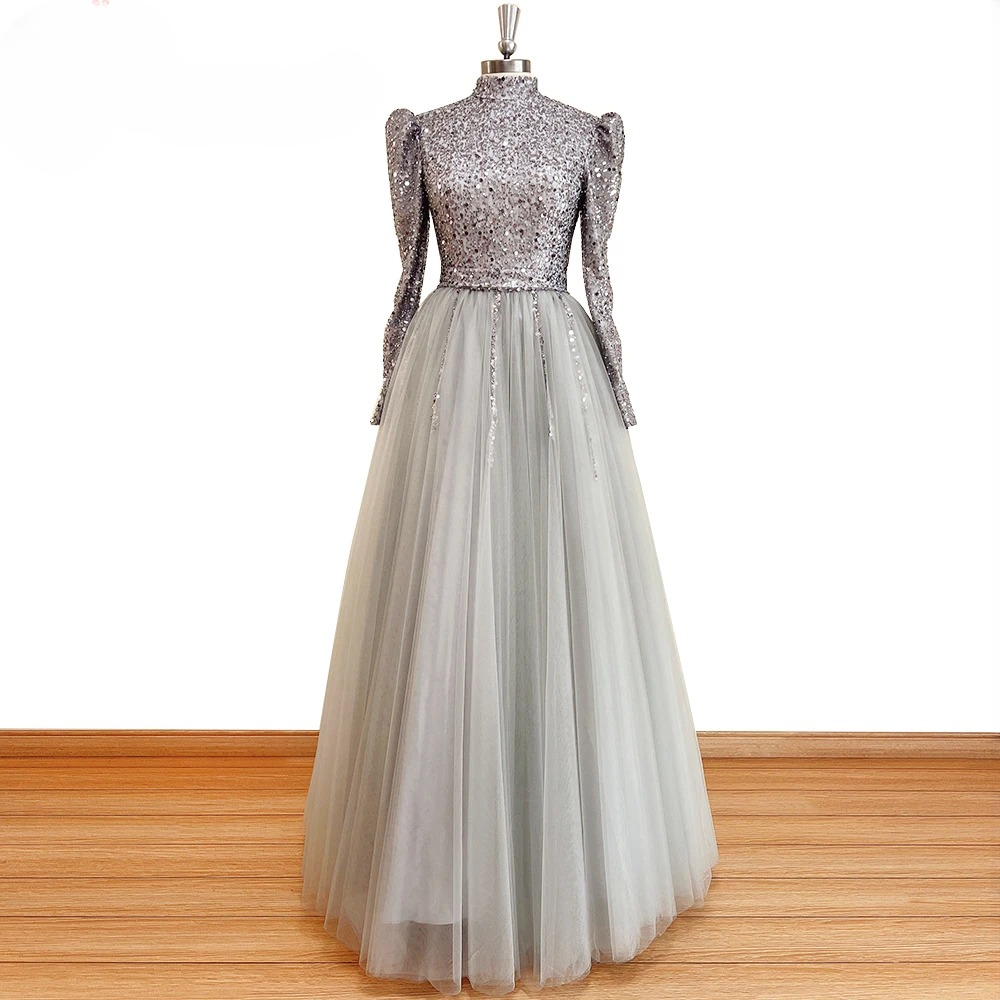 Elegant High Neck Beads Aline Floor-Length Party Dress - Image 2