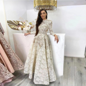 Elegant High Neck Floor length Aline Long-Sleeved Party Dress