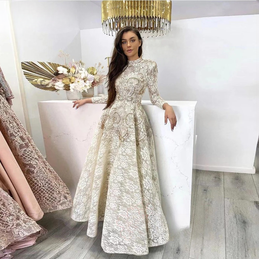 Elegant High Neck Floor length Aline Long-Sleeved Party Dress