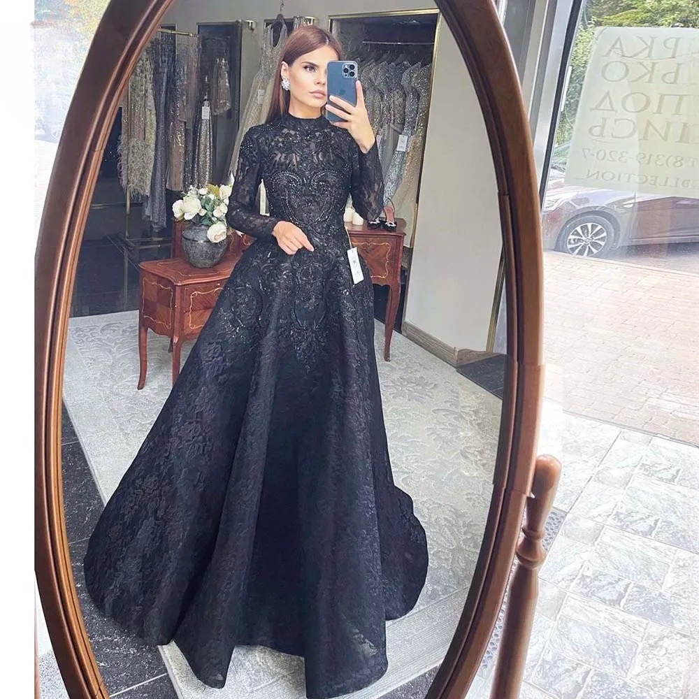 Elegant High Neck Floor length Aline Long-Sleeved Party Dress - Image 3