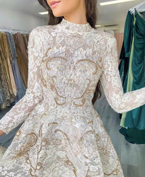 Elegant High Neck Floor length Aline Long-Sleeved Party Dress - Image 2