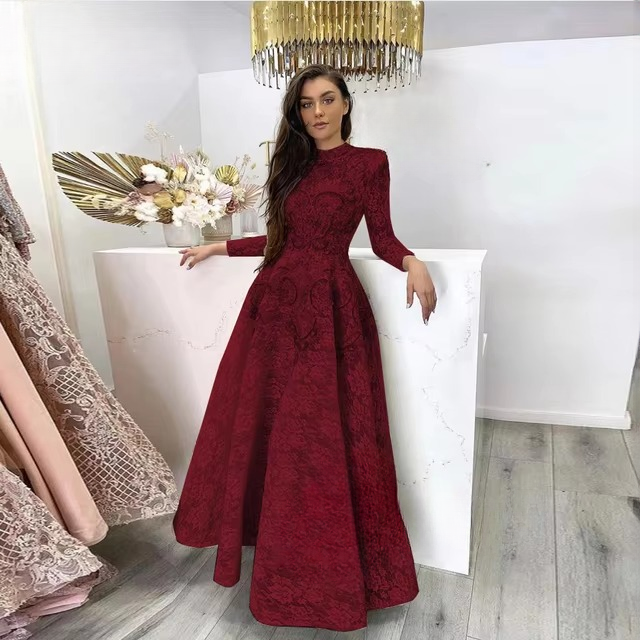 Elegant High Neck Floor length Aline Long-Sleeved Party Dress - Image 4