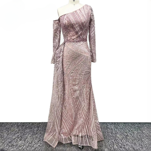 Elegant Long Sleeves One Shoulder Crystal Lace Evening Party Dress